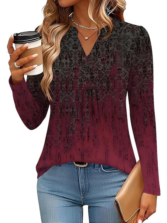 Tops - Women's Wine Red Floral Long Sleeve Shirts V-Neck Casual Pleated Fall Tops